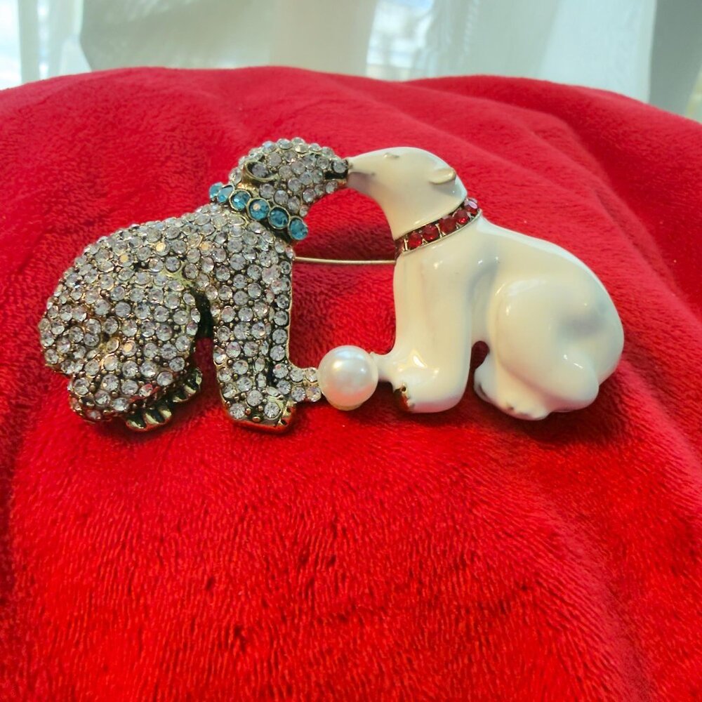 Polar Bear Brooch Rhinestone Enamel Statement Pin 3.25"